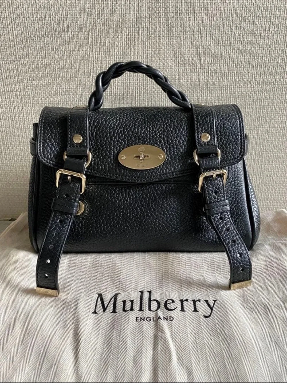 Mulberry Black Textured Leather Satchel with Braided Top Handle